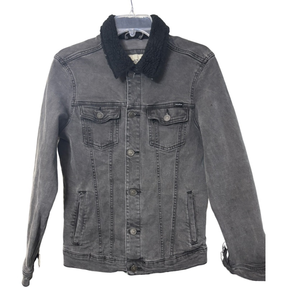 Pull & Bear women's jacket greyish black denim with a black sherpa collar Size M